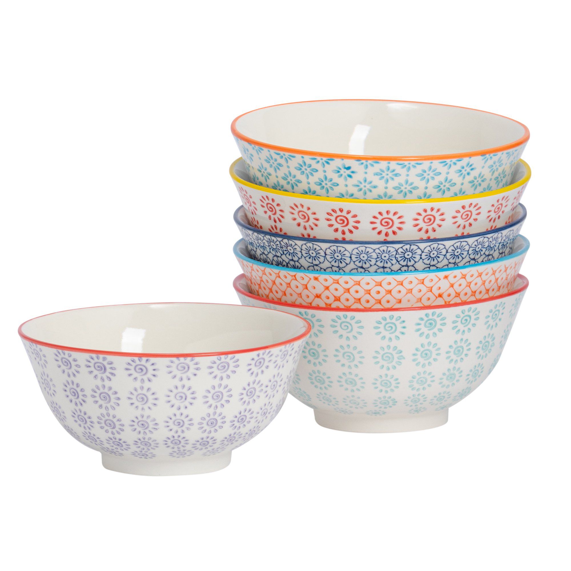 16cm Hand Printed Stoneware Cereal Bowls - Pack of Six