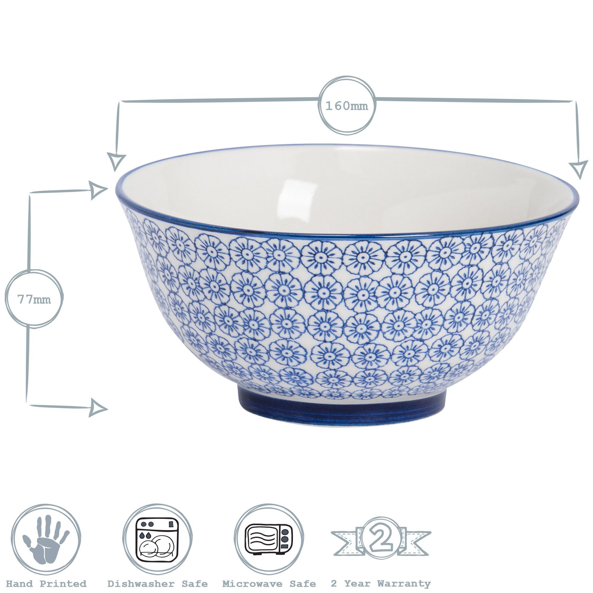 16cm Hand Printed Stoneware Cereal Bowls - Pack of Six