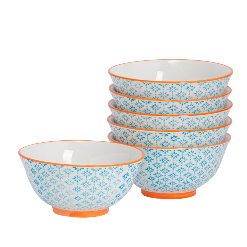 16cm Hand Printed Stoneware Cereal Bowls - Pack of Six