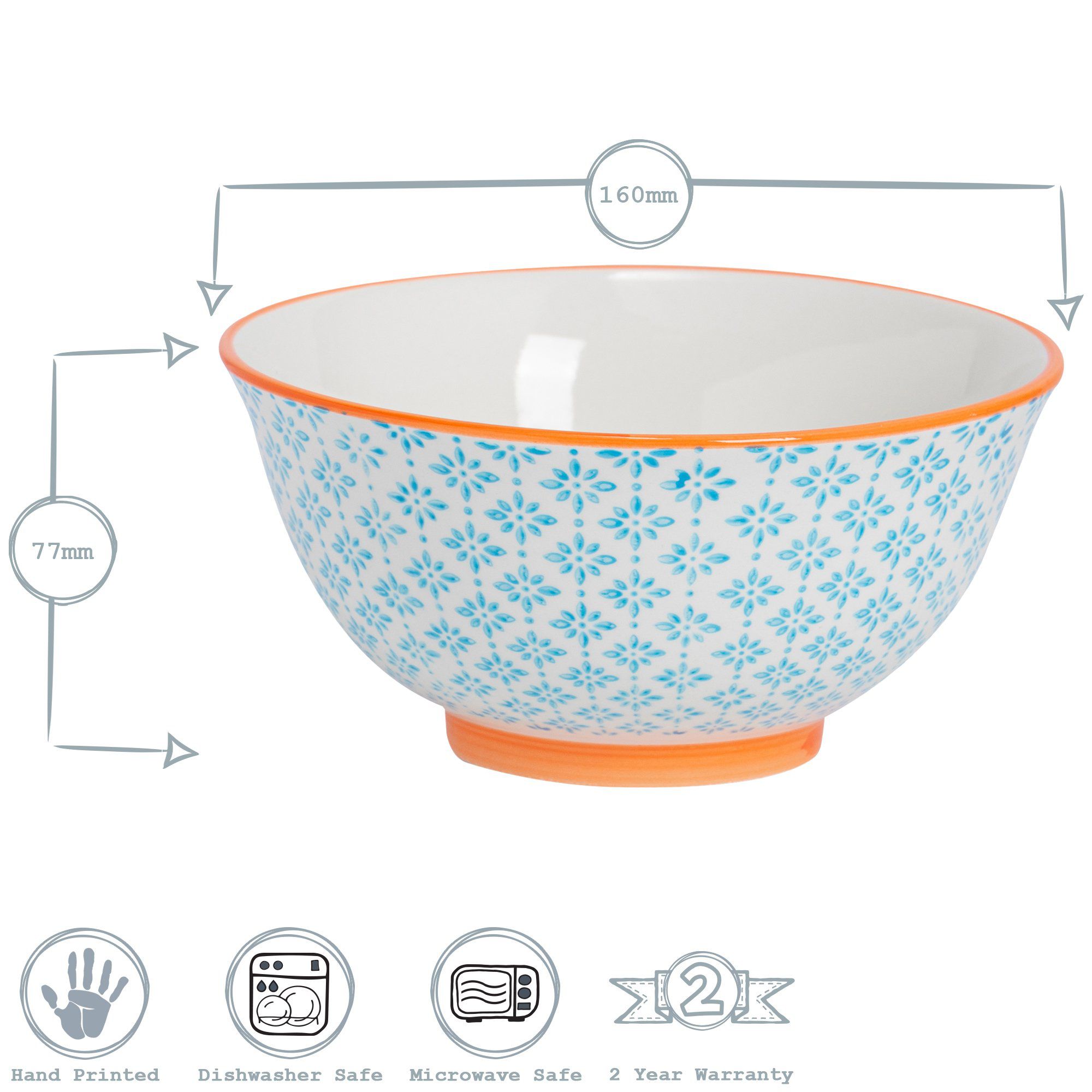 16cm Hand Printed Stoneware Cereal Bowls - Pack of Six