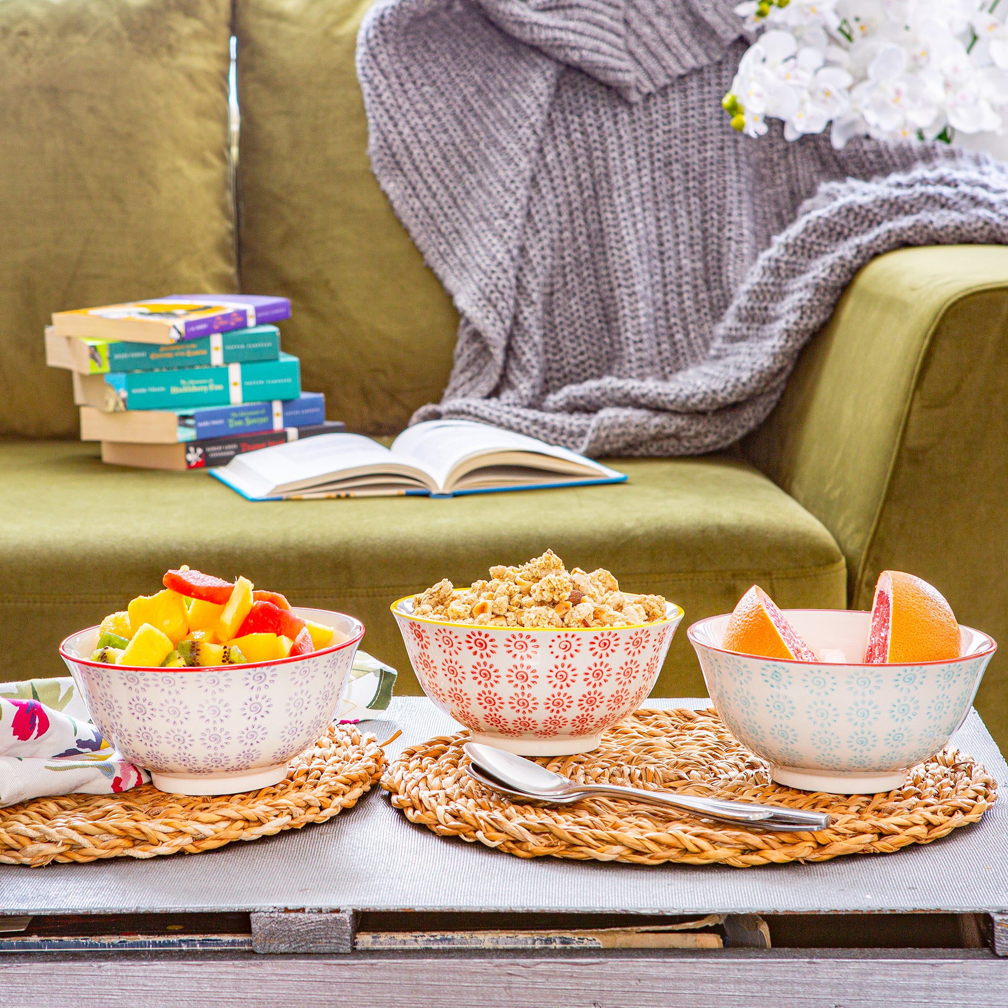 16cm Hand Printed Stoneware Cereal Bowls - Pack of Six