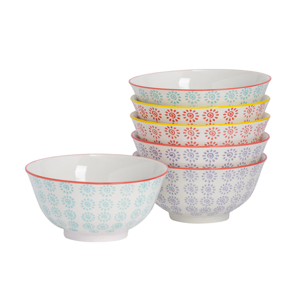 16cm Hand Printed Stoneware Cereal Bowls - Pack of Six