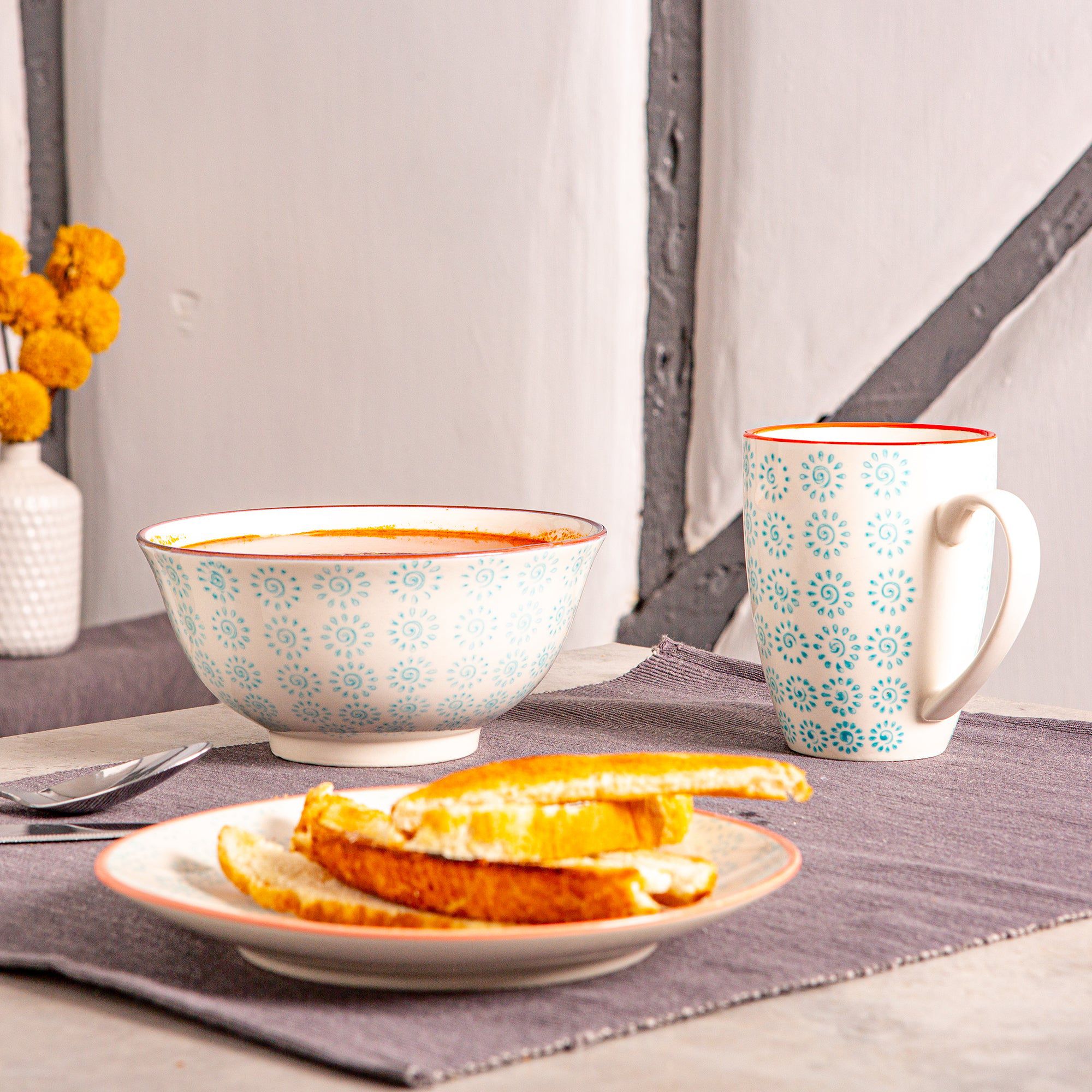 16cm Hand Printed Stoneware Cereal Bowls - Pack of Six