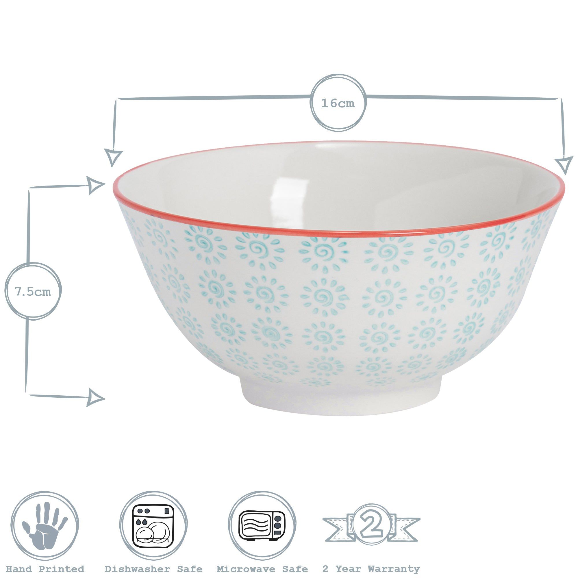16cm Hand Printed Stoneware Cereal Bowls - Pack of Six