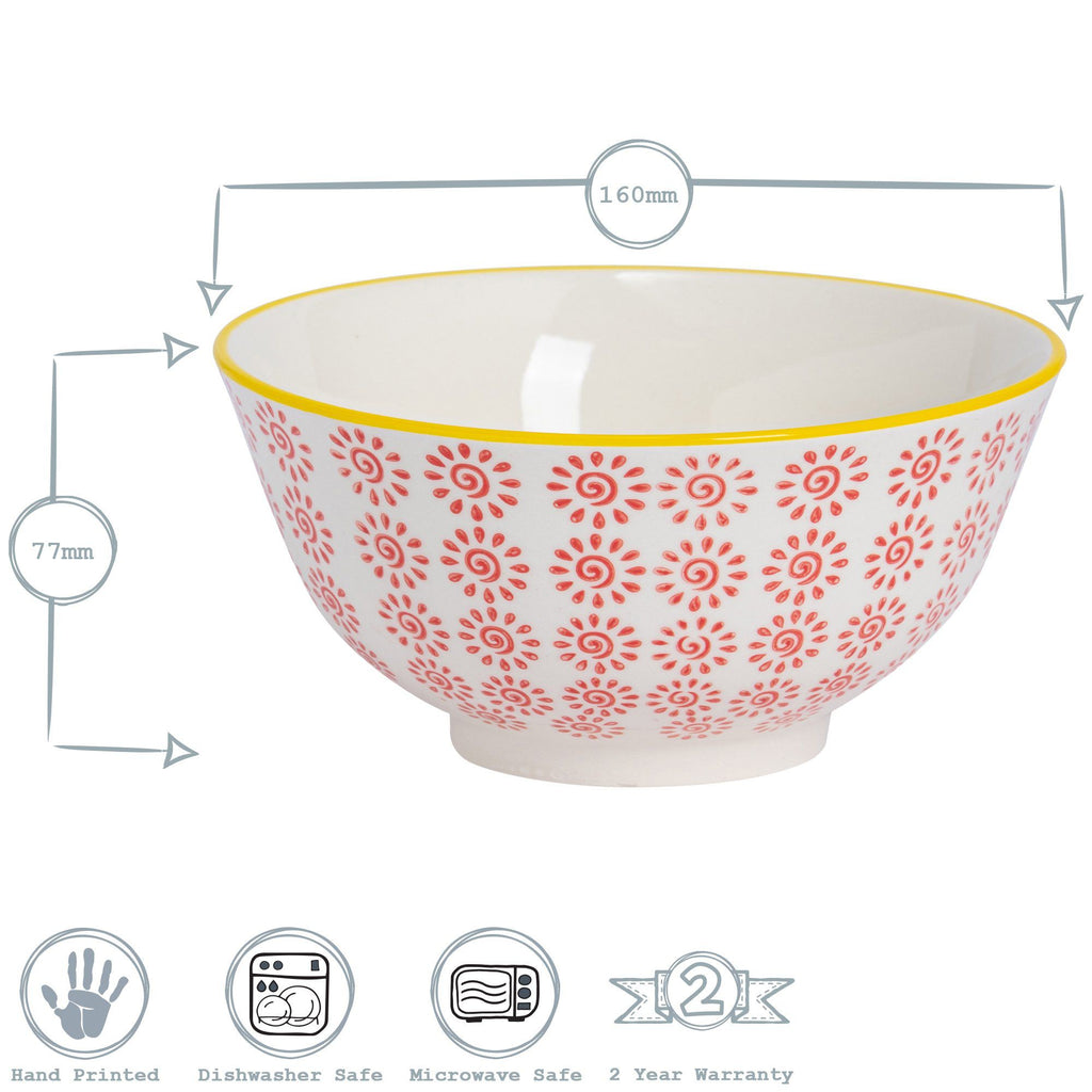 16cm Hand Printed Stoneware Cereal Bowls - Pack of Six