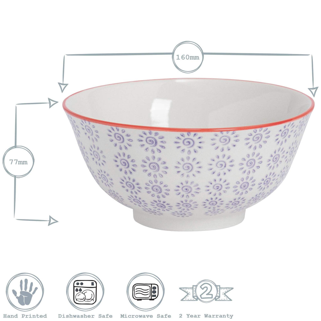 16cm Hand Printed Stoneware Cereal Bowls - Pack of Six