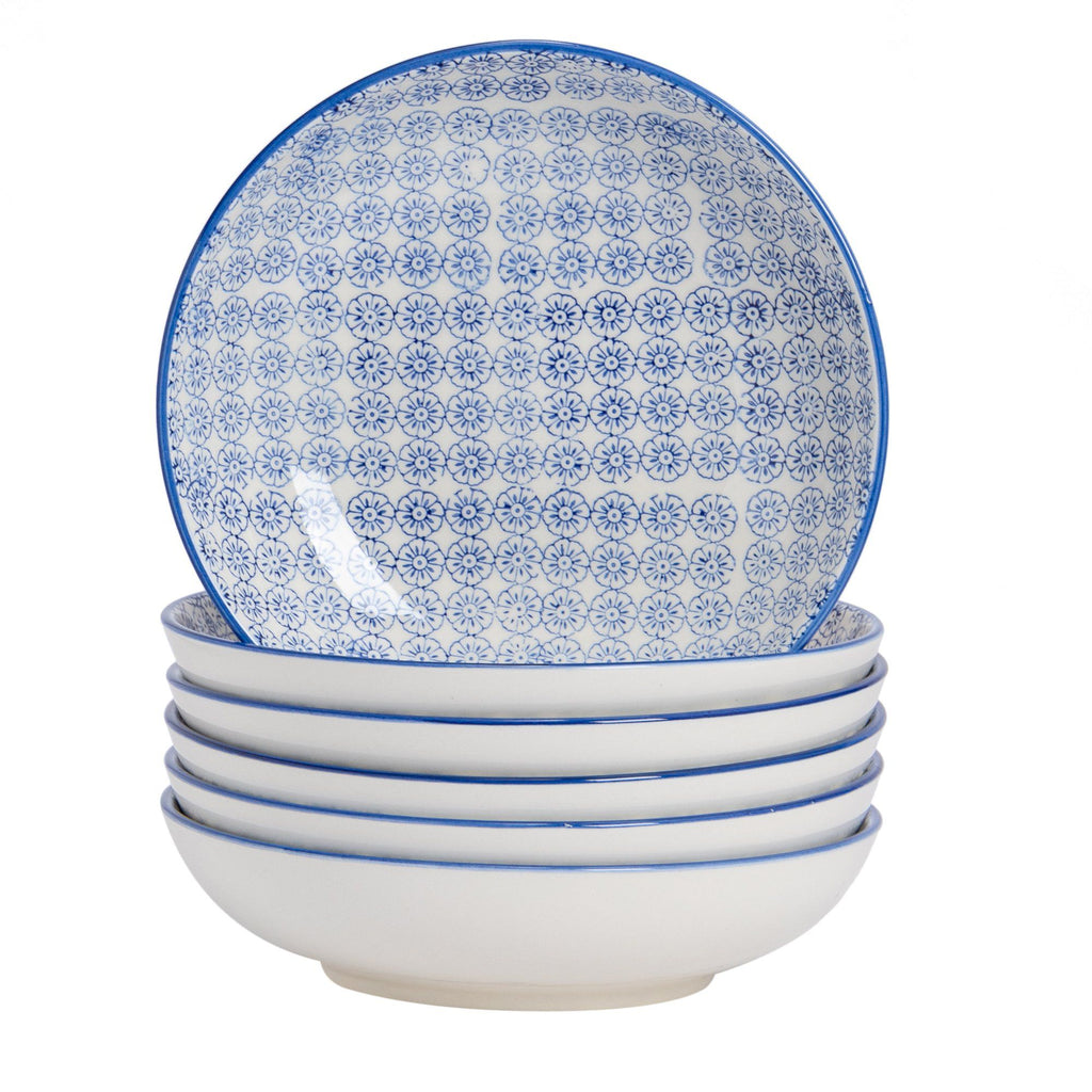 22cm Hand Printed Stoneware Pasta Bowls - Pack of Six