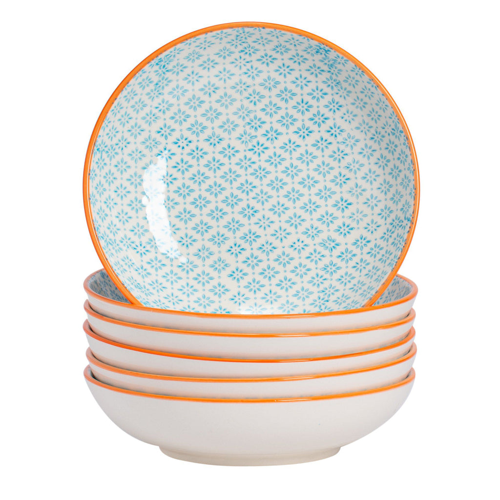 22cm Hand Printed Stoneware Pasta Bowls - Pack of Six
