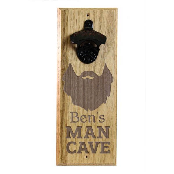 Engraved Man Cave Wooden Wall Bottle Opener w/ Magnetic Cap Catcher