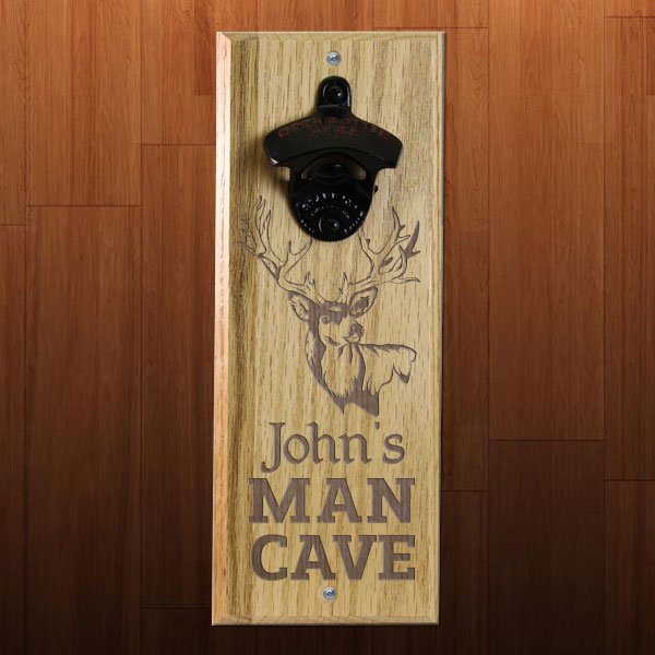 Engraved Man Cave Wooden Wall Bottle Opener w/ Magnetic Cap Catcher