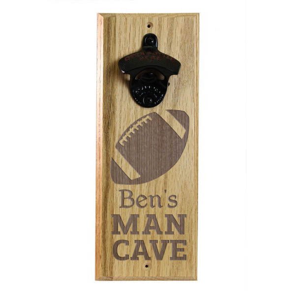 Engraved Man Cave Wooden Wall Bottle Opener w/ Magnetic Cap Catcher