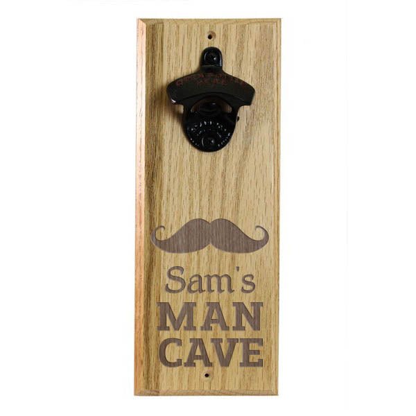 Engraved Man Cave Wooden Wall Bottle Opener w/ Magnetic Cap Catcher