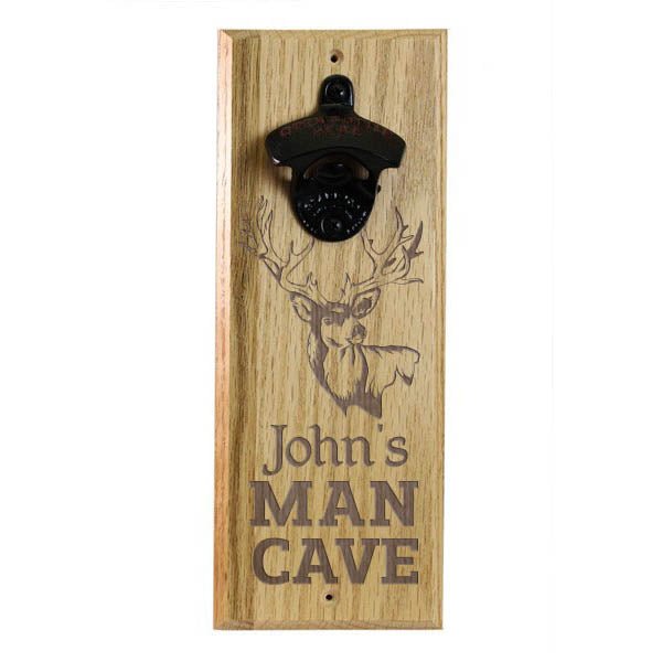 Engraved Man Cave Wooden Wall Bottle Opener w/ Magnetic Cap Catcher